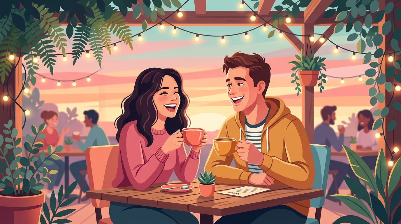 Casal sorridente compartilhando um momento alegre e acolhedor em uma cafeteria