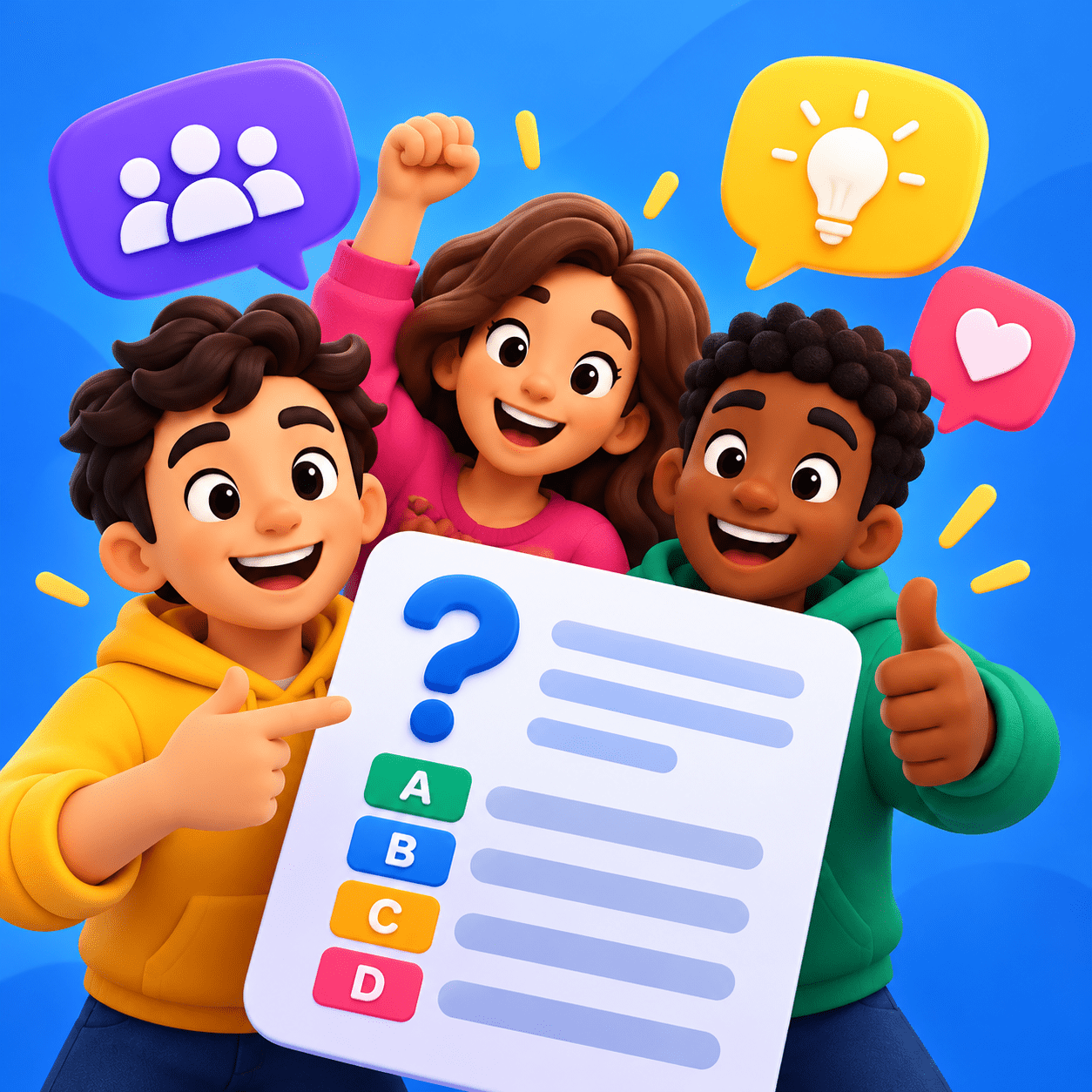 Pessoas reunidas criando e respondendo quizzes