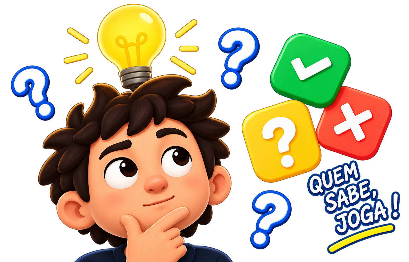 Mascote do Quiz Fácil pensando em respostas, com a frase Quem sabe, joga!