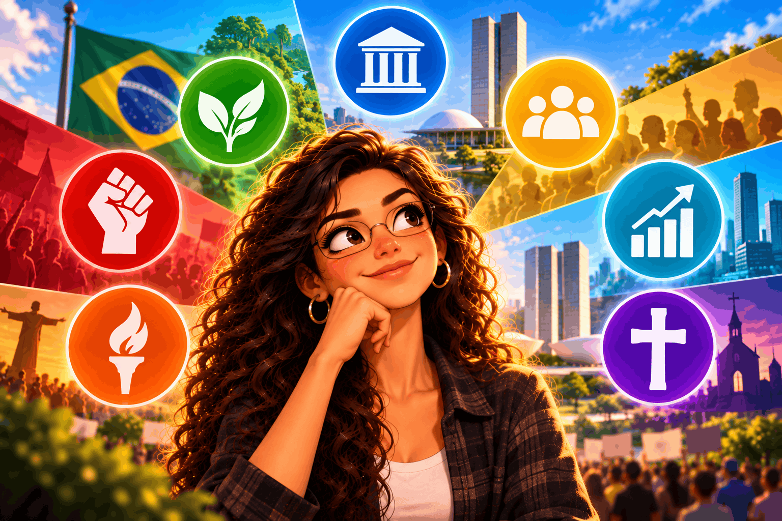 Ilustração do teste: Qual ideologia política mais se aproxima das suas respostas?